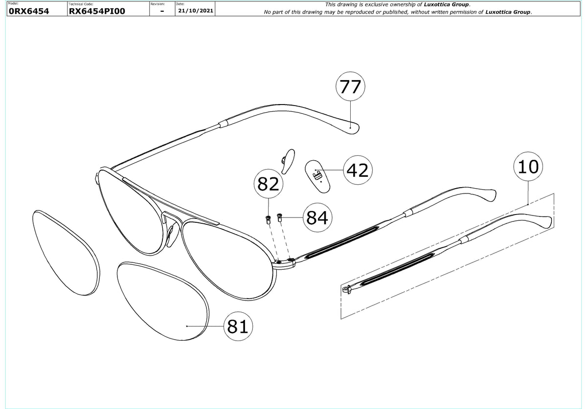 Exploded technical drawing of the Ray-Ban RX6454 Glasses Replacement Parts, with each replacement part numbered