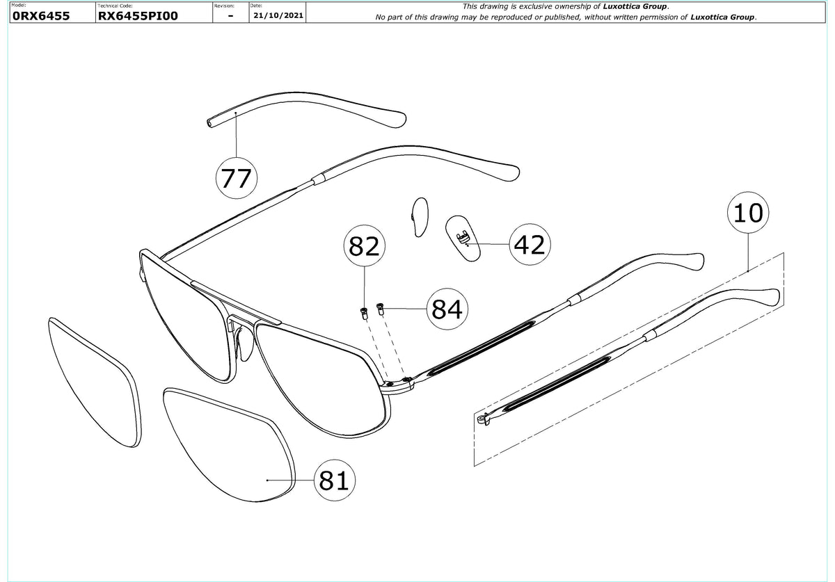 Enlarged technical drawing of the Ray-Ban RX6455 Glasses Replacement Parts