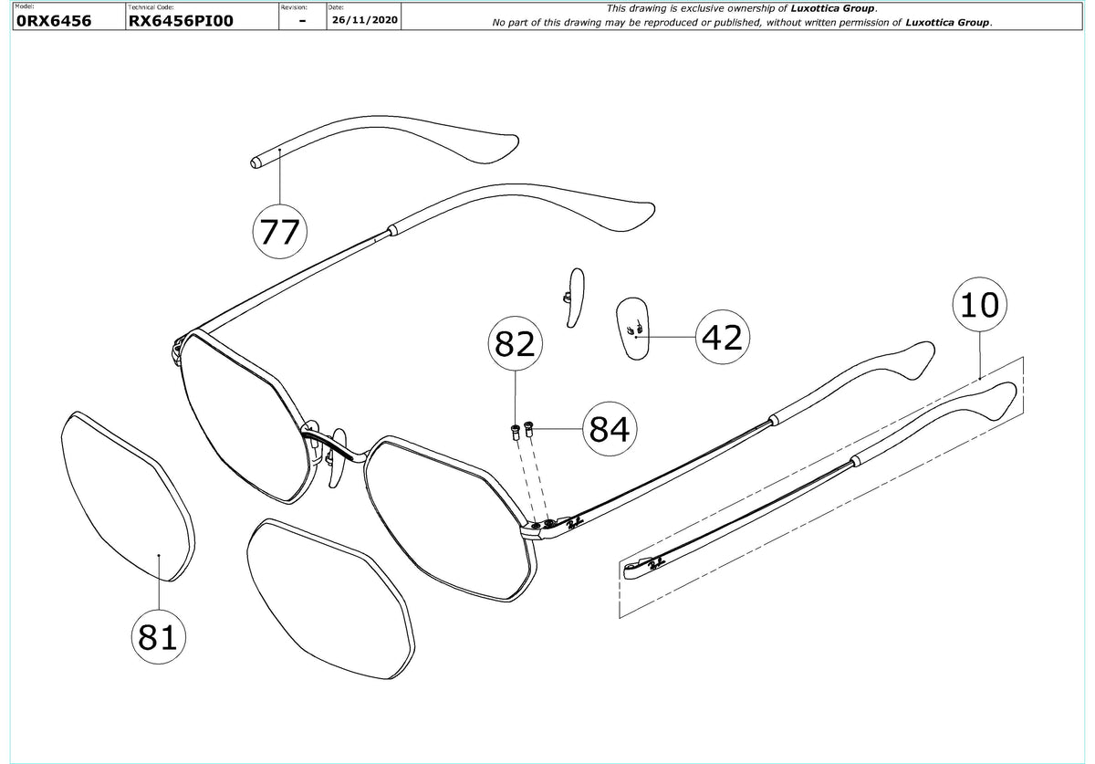 Exploded technical drawing of the Ray-Ban RX6456 Glasses Replacement Parts, with each replacement part numbered