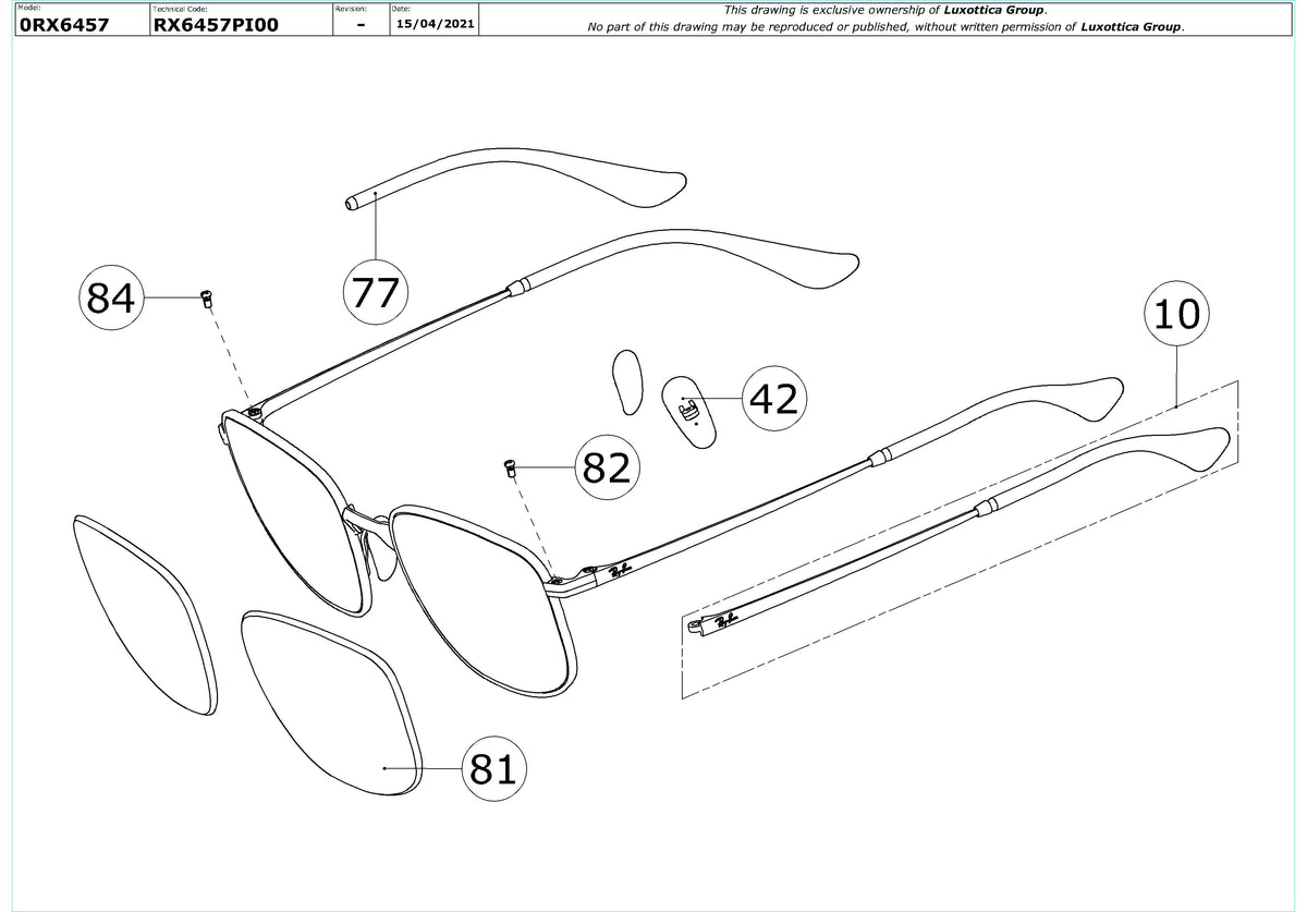 Enlarged technical drawing of the Ray-Ban RX6457 Glasses Replacement Parts
