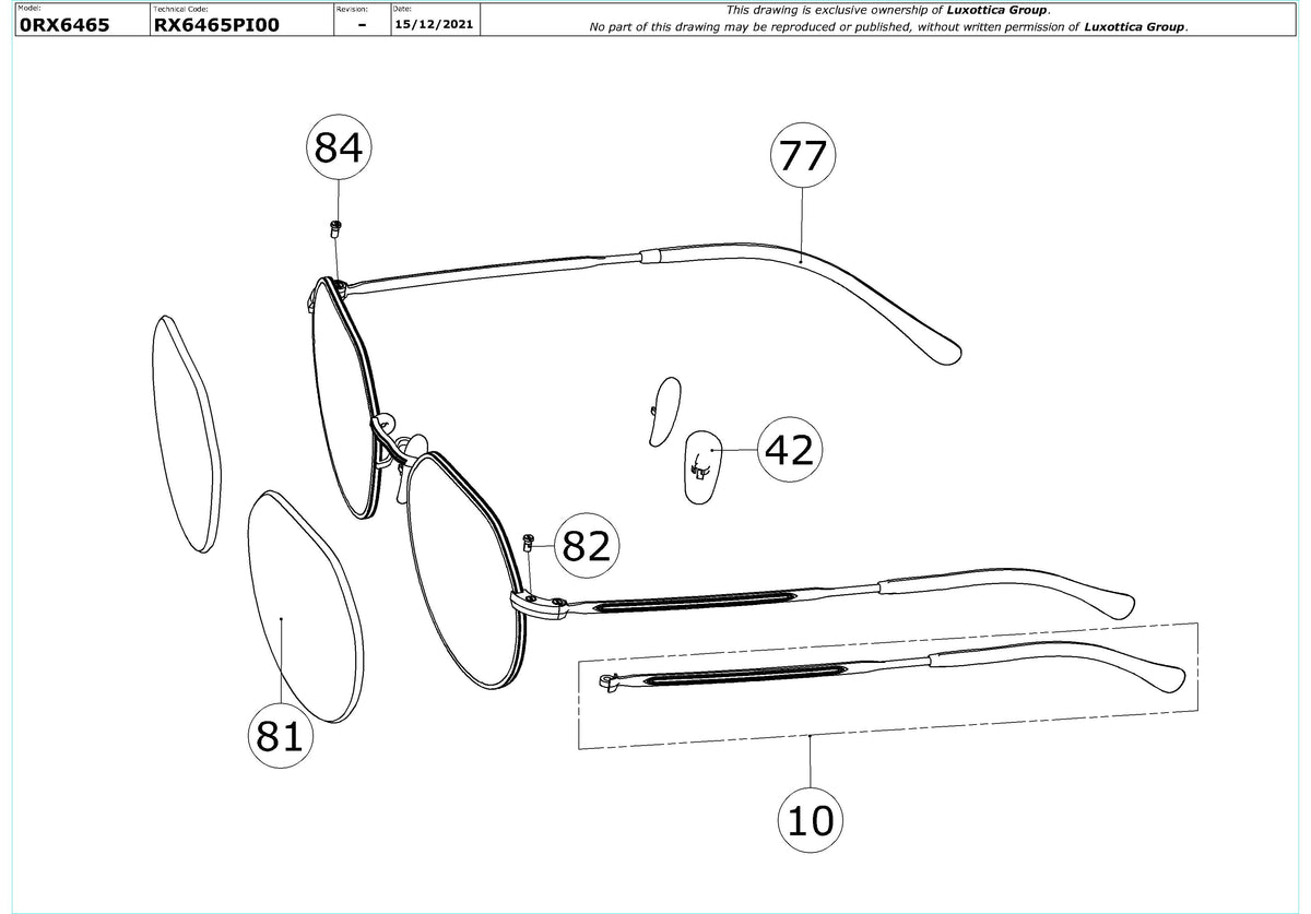 Exploded technical drawing of the Ray-Ban Jack RX6465 Glasses Replacement Parts, with each replacement part numbered
