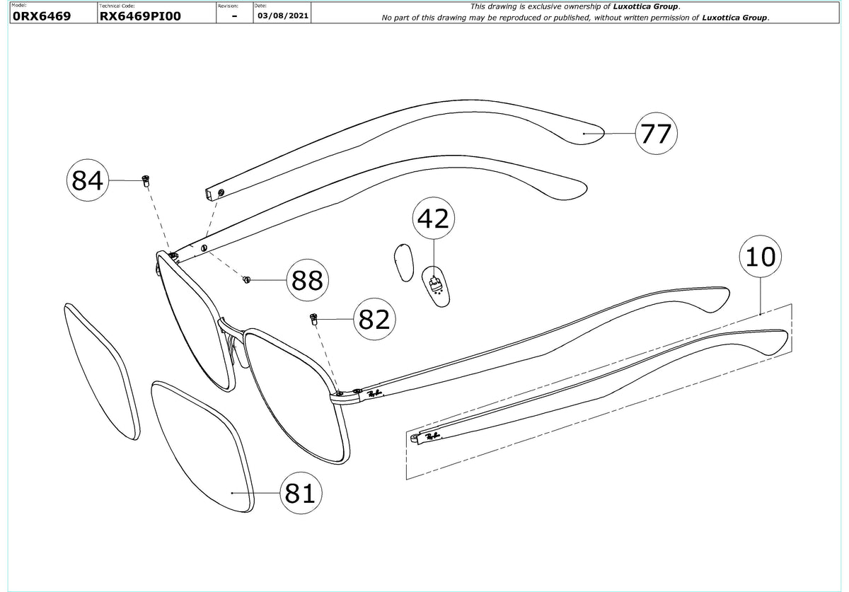 Enlarged technical drawing of the Ray-Ban RX6469 Glasses Replacement Parts