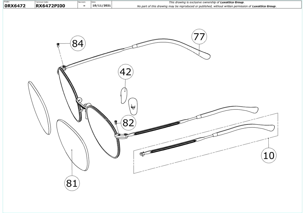 Exploded technical drawing of the Ray-Ban Rob RX6472 Glasses Replacement Parts, with each replacement part numbered