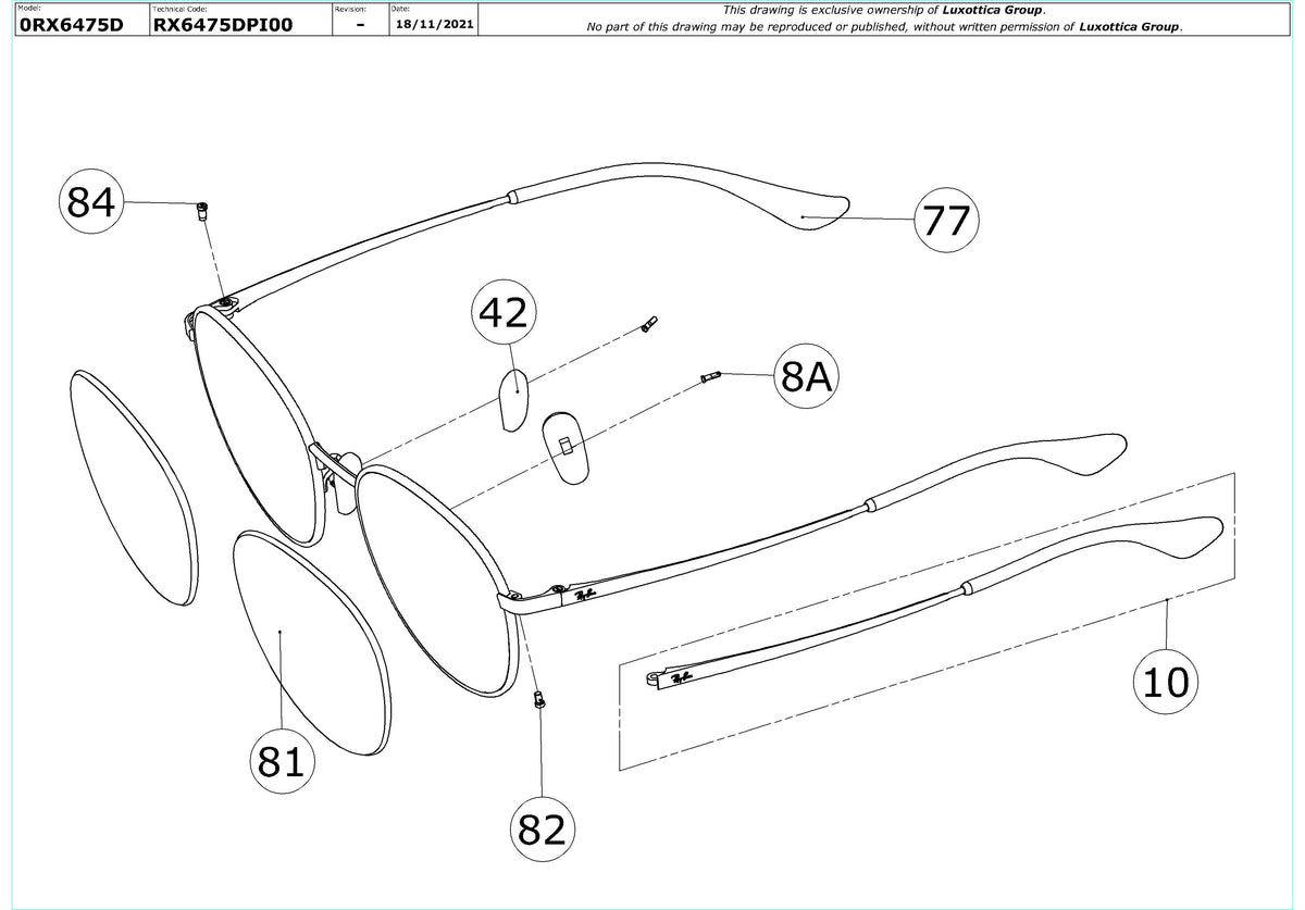 Enlarged technical drawing of the Ray-Ban RX6475D Glasses Replacement Parts