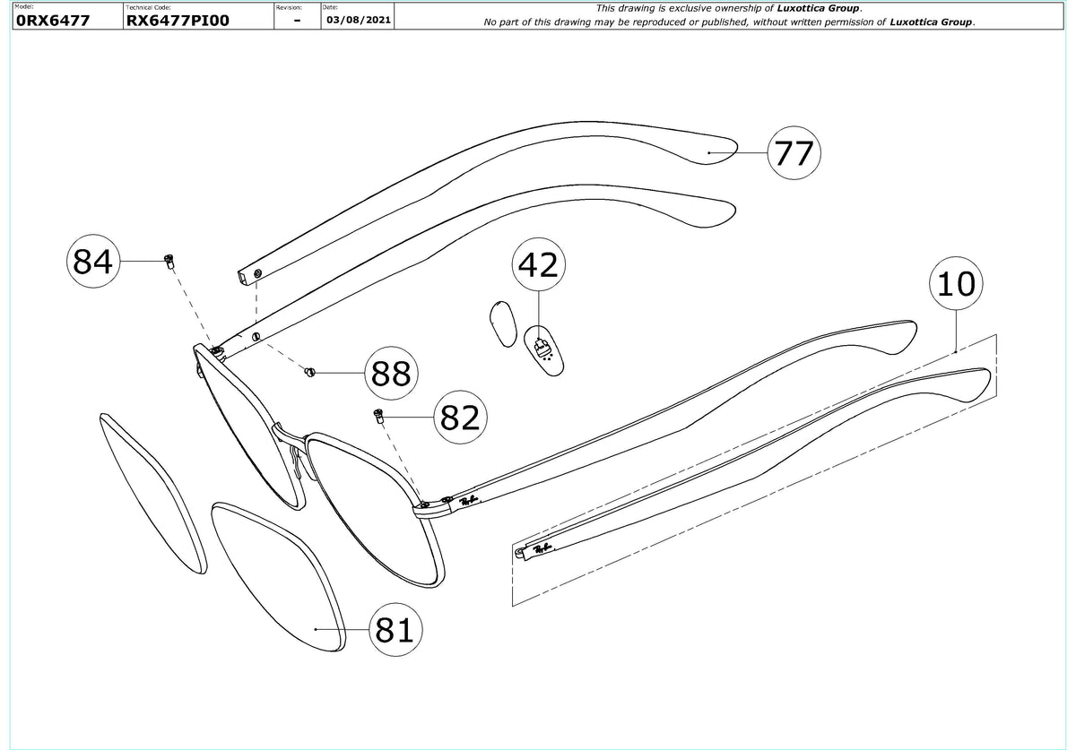Enlarged technical drawing of the Ray-Ban RX6477 Glasses Replacement Parts