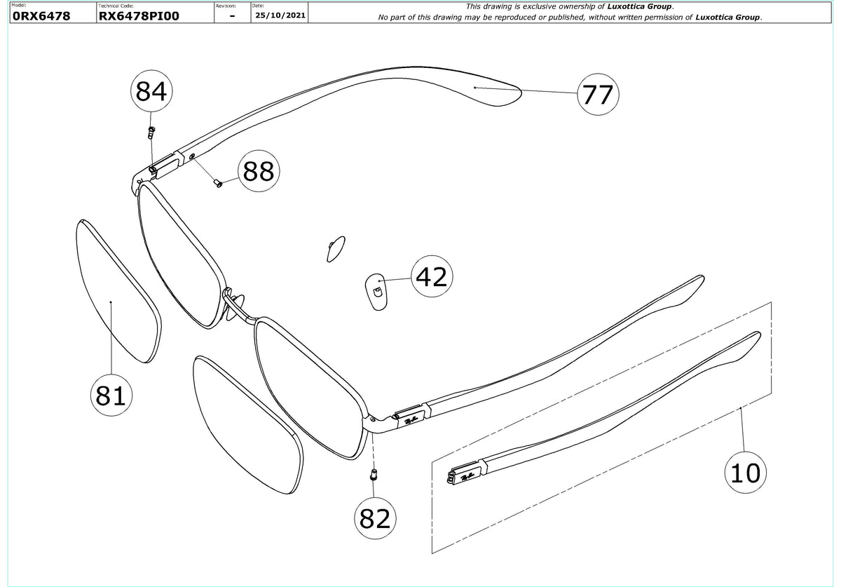 Enlarged technical drawing of the Ray-Ban RX6478 Glasses Replacement Parts
