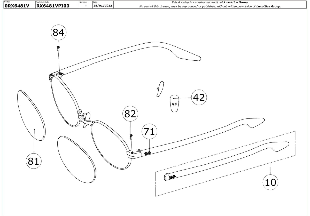 Exploded technical drawing of the Ray-Ban RX6481V Glasses Replacement Parts, with each replacement part numbered