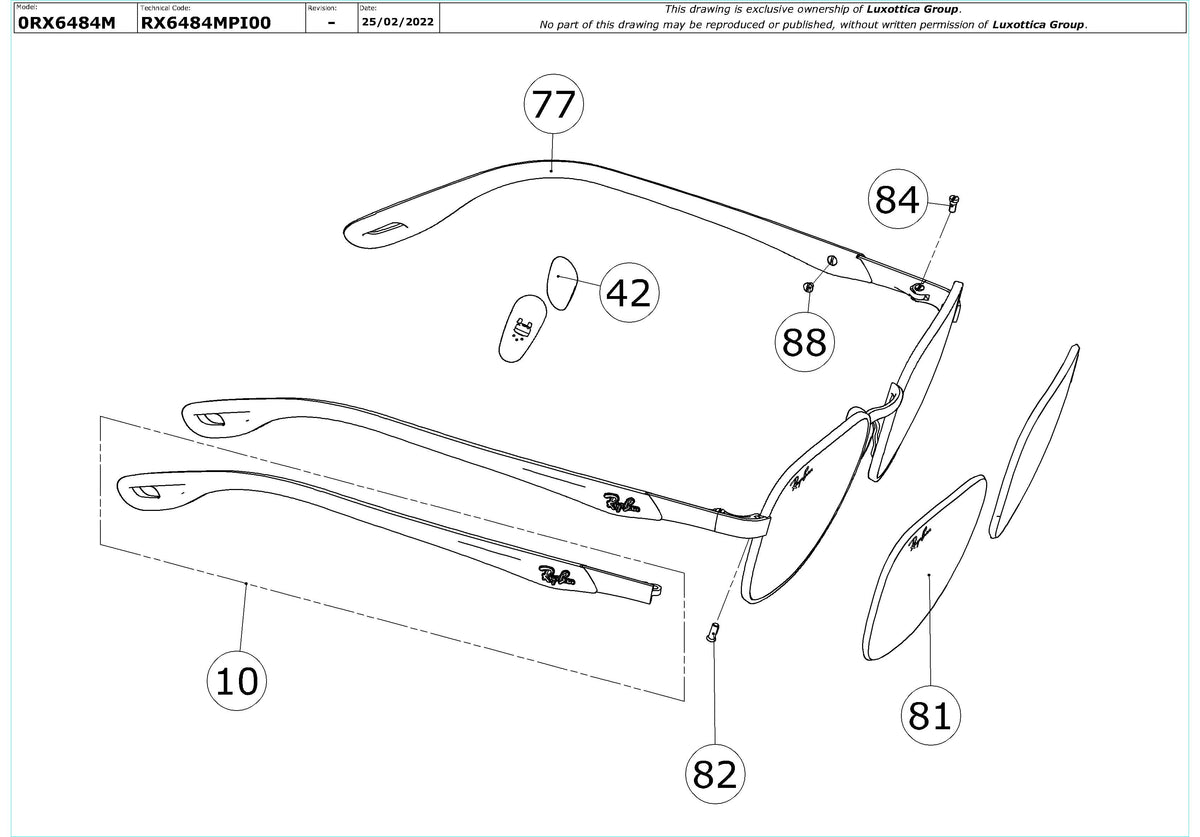 Enlarged technical drawing of the Ray-Ban RX6484M Glasses Replacement Parts