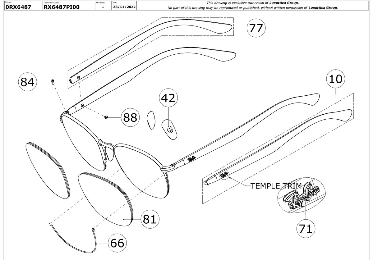 Enlarged technical drawing of the Ray-Ban RX6487 Glasses Replacement Parts
