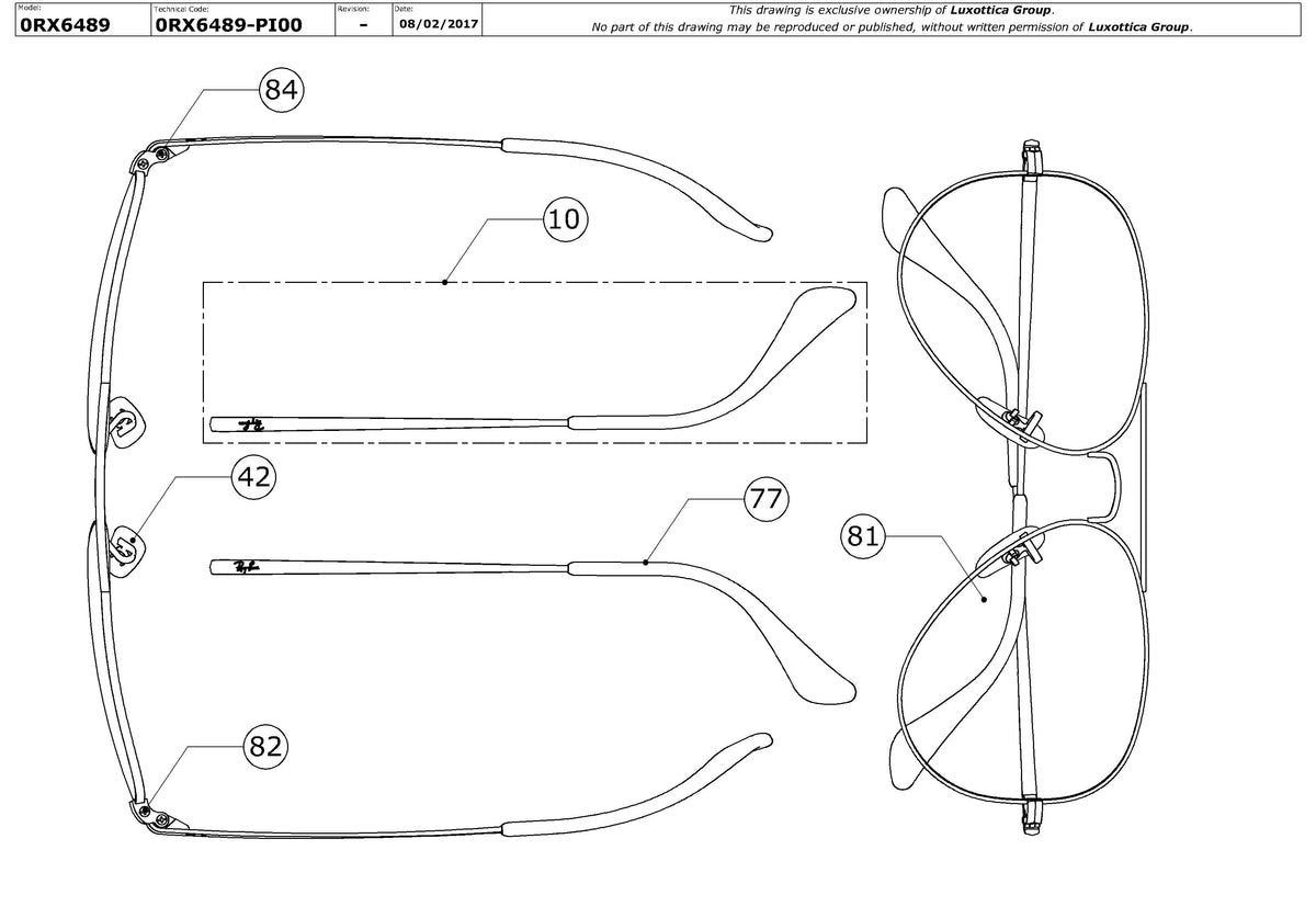 Enlarged technical drawing of the Ray-Ban Aviator RX6489 Glasses Replacement Parts