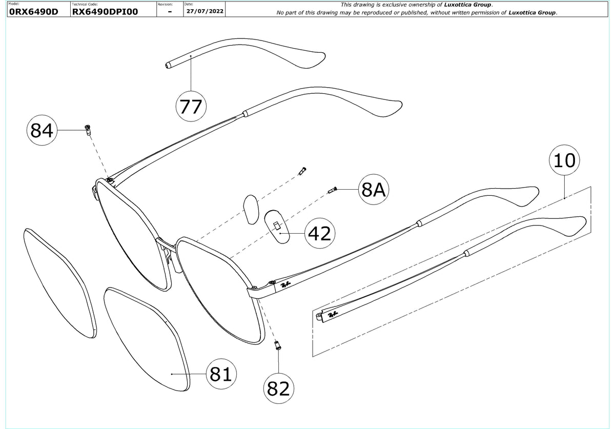 Exploded technical drawing of the Ray-Ban RX6490D Glasses Replacement Parts, with each replacement part numbered
