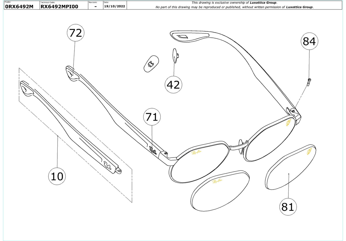 Enlarged technical drawing of the Ray-Ban RX6492M Glasses Replacement Parts