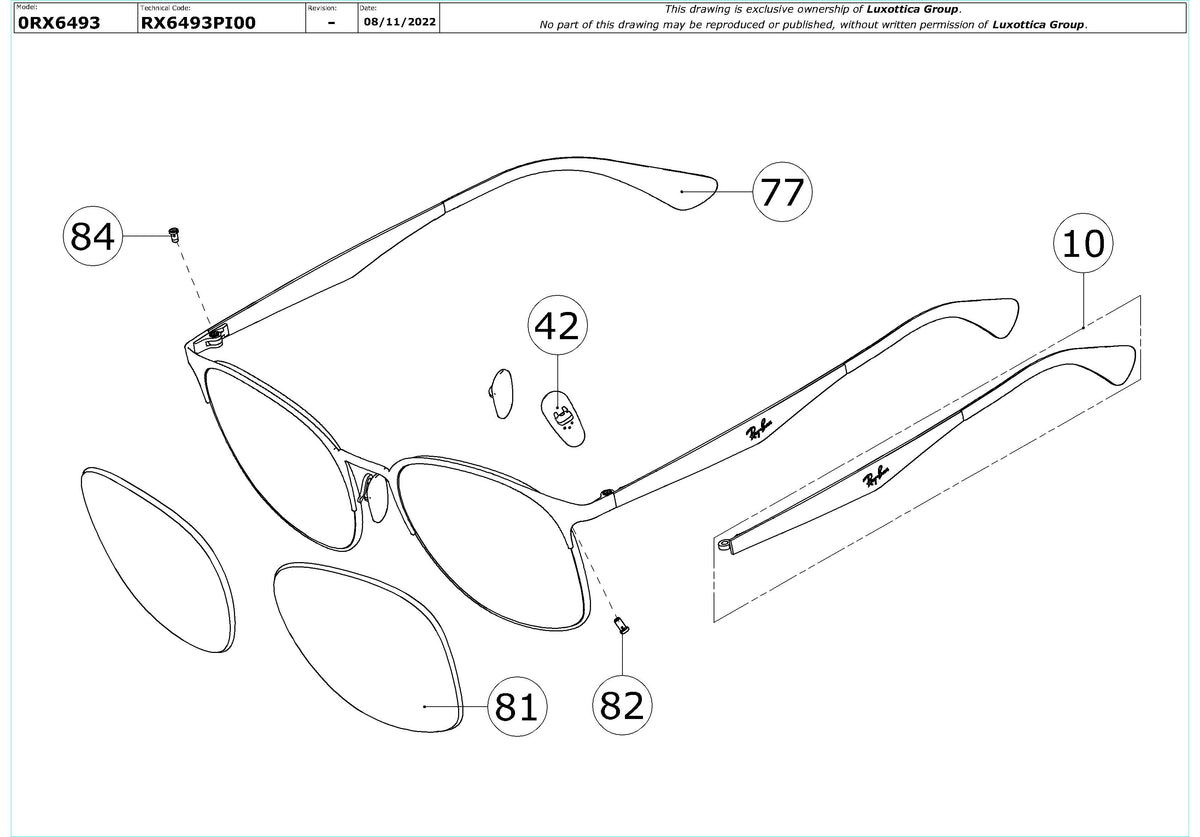 Exploded technical drawing of the Ray-Ban RX6493 Glasses Replacement Parts, with each replacement part numbered