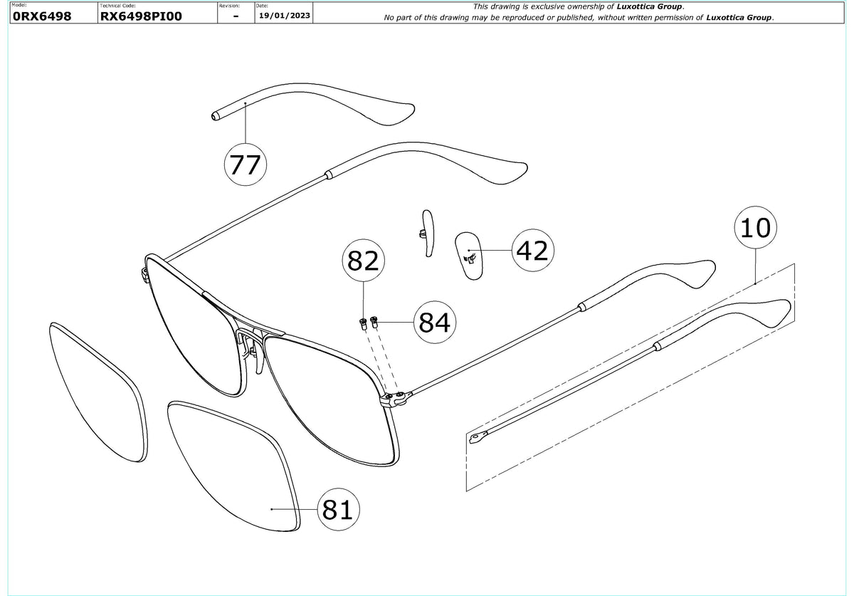 Enlarged technical drawing of the Ray-Ban RX6498 Glasses Replacement Parts