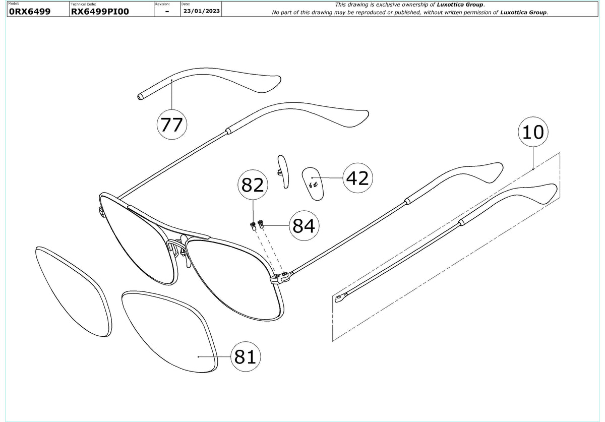 Enlarged technical drawing of the Ray-Ban RX6499 Glasses Replacement Parts