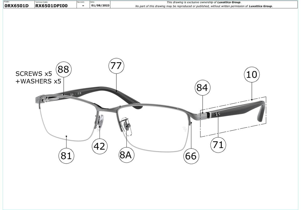 Enlarged technical drawing of the Ray-Ban RX6501D Glasses Replacement Parts