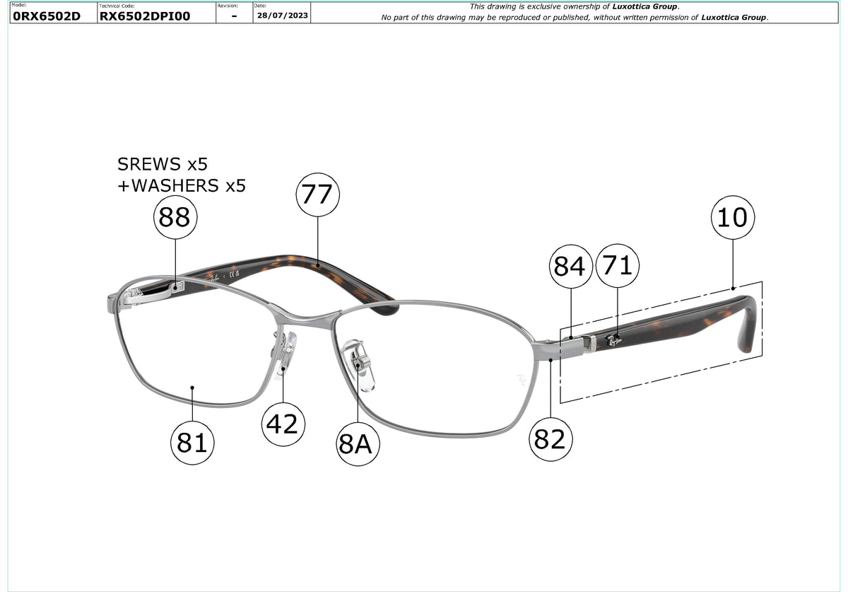 Enlarged technical drawing of the Ray-Ban RX6502D Glasses Replacement Parts