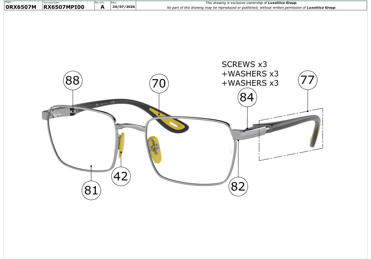 Enlarged technical drawing of the Ray-Ban RX6507M Glasses Replacement Parts