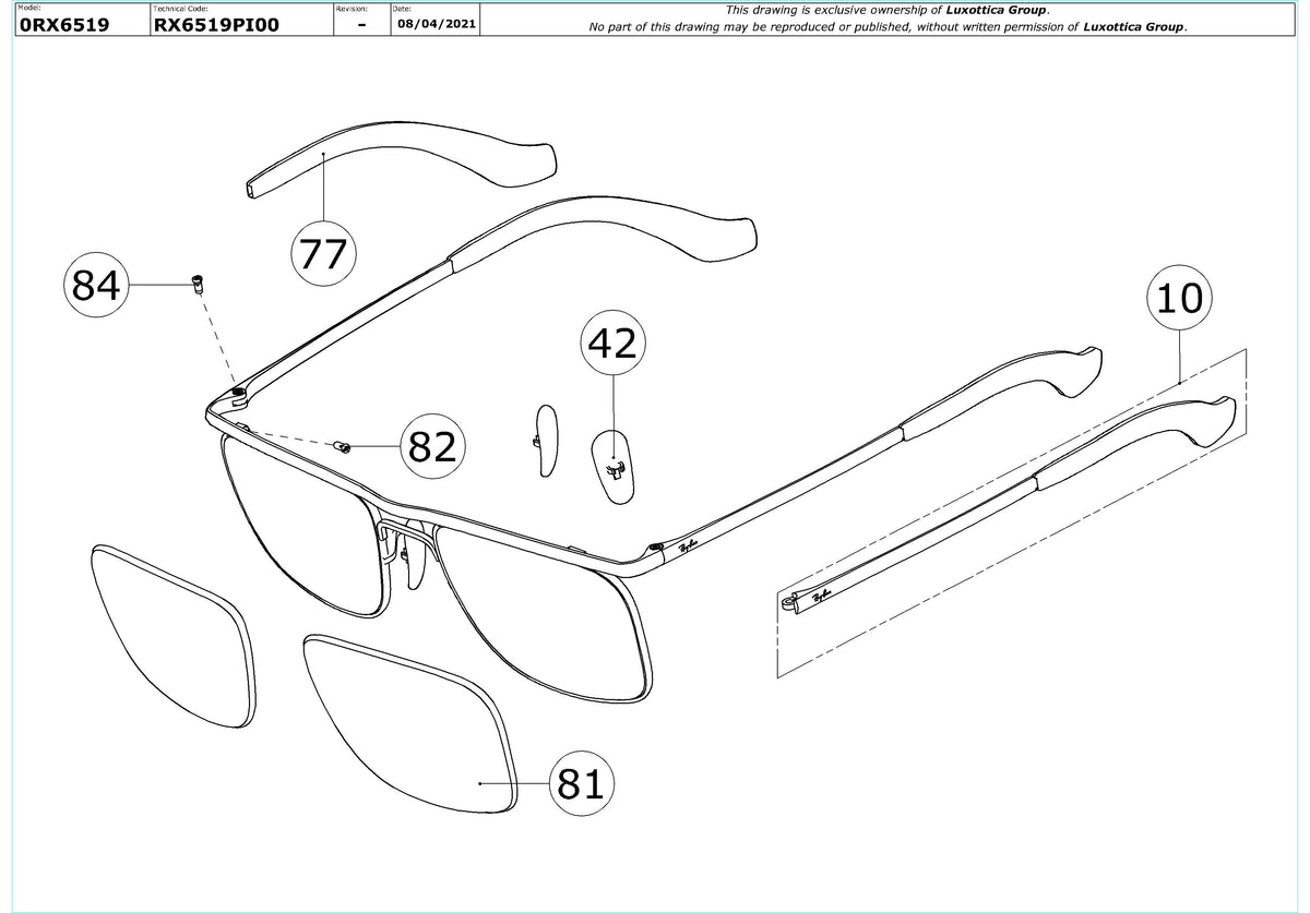 Exploded technical drawing of the Ray-Ban Olympian Ix RX6519 Glasses Replacement Parts, with each replacement part numbered