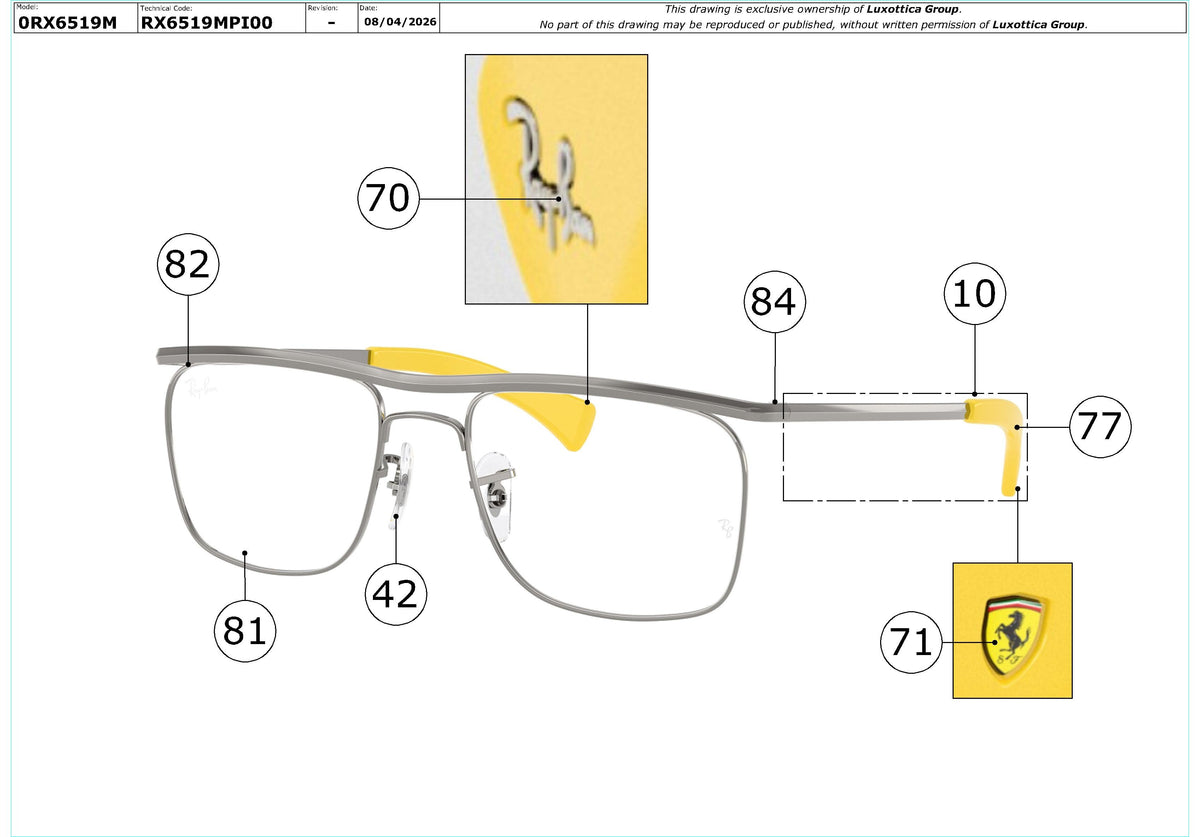 Enlarged technical drawing of the Ray-Ban RX6519M Glasses Replacement Parts