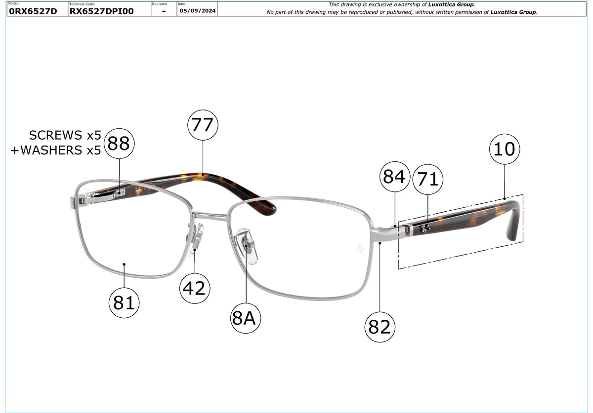 Exploded technical drawing of the Ray-Ban RX6527D Glasses Replacement Parts, with each replacement part numbered