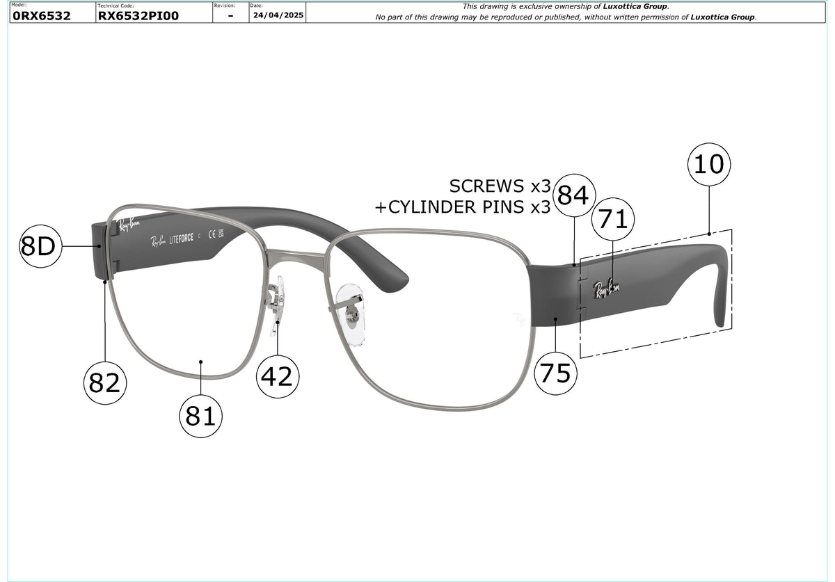 Enlarged technical drawing of the Ray-Ban RX6532 Glasses Replacement Parts
