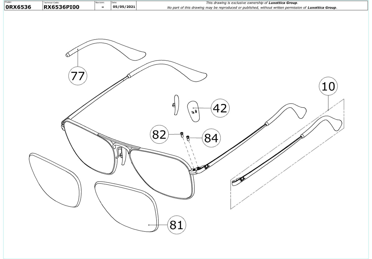 Enlarged technical drawing of the Ray-Ban Caravan II RX6536 Glasses Replacement Parts
