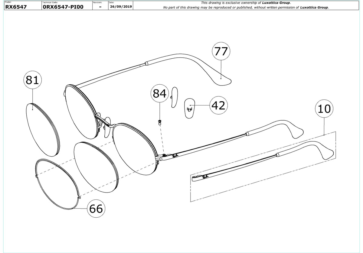 Exploded technical drawing of the Ray-Ban Oval Gaze RX6547 Glasses Replacement Parts, with each replacement part numbered