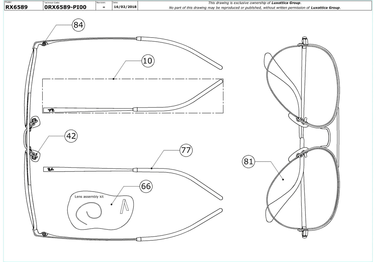 Enlarged technical drawing of the Ray-Ban Aviator Gaze RX6589 Glasses Replacement Parts
