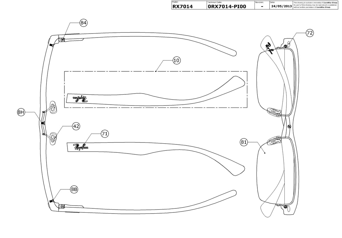 Exploded technical drawing of the Ray-Ban RX7014 Glasses Replacement Parts, with each replacement part numbered
