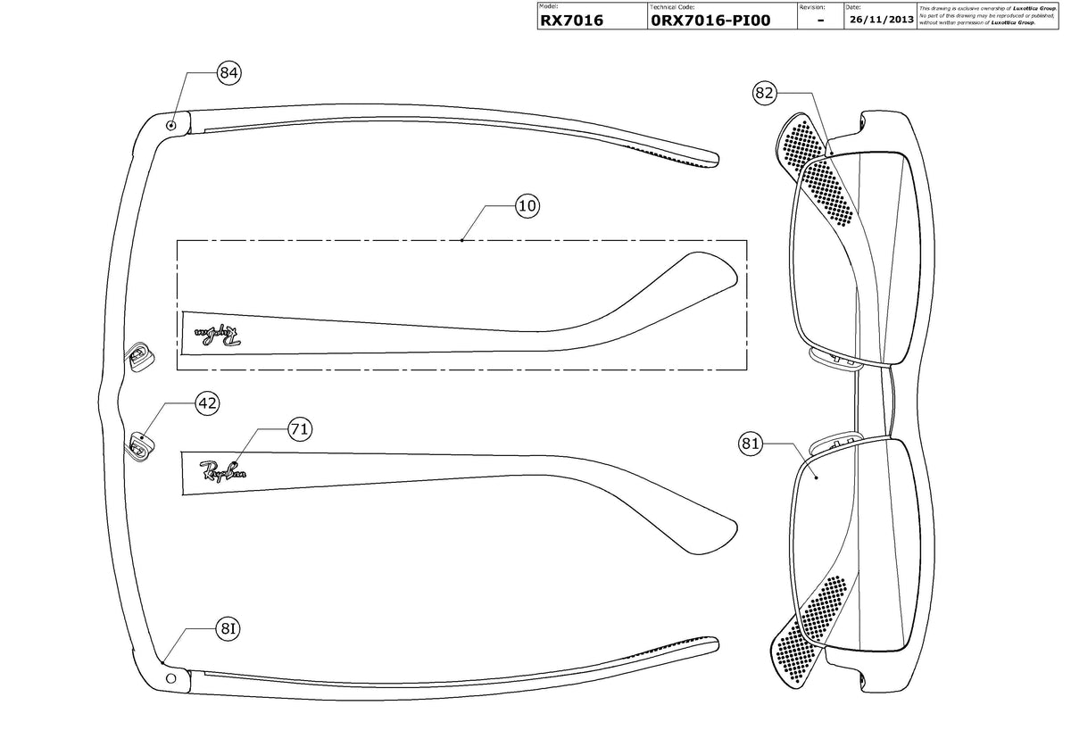 Enlarged technical drawing of the Ray-Ban RX7016 Glasses Replacement Parts