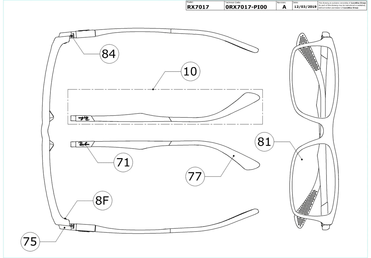 Exploded technical drawing of the Ray-Ban RX7017 Glasses Replacement Parts, with each replacement part numbered