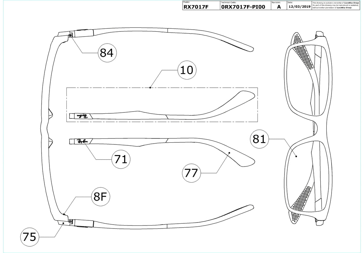 Enlarged technical drawing of the Ray-Ban RX7017F Glasses Replacement Parts