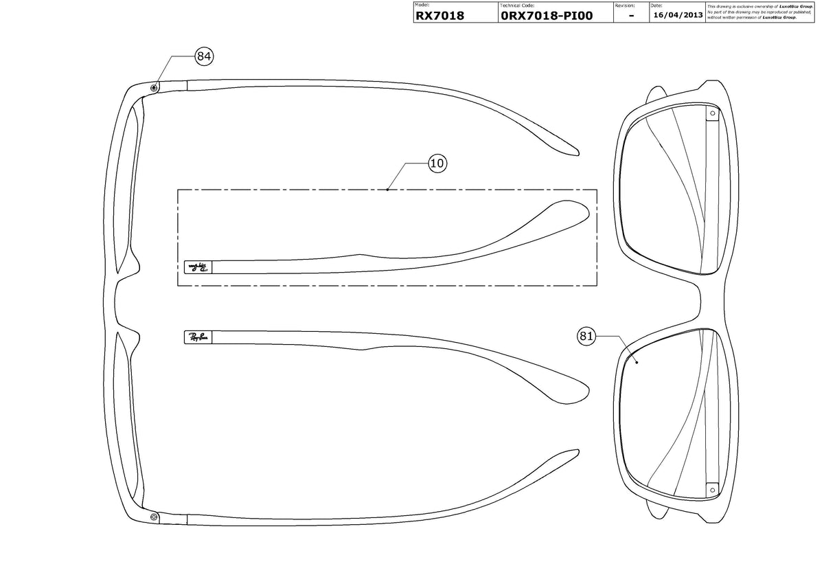Enlarged technical drawing of the Ray-Ban Liteforce RX7018 Glasses Replacement Parts