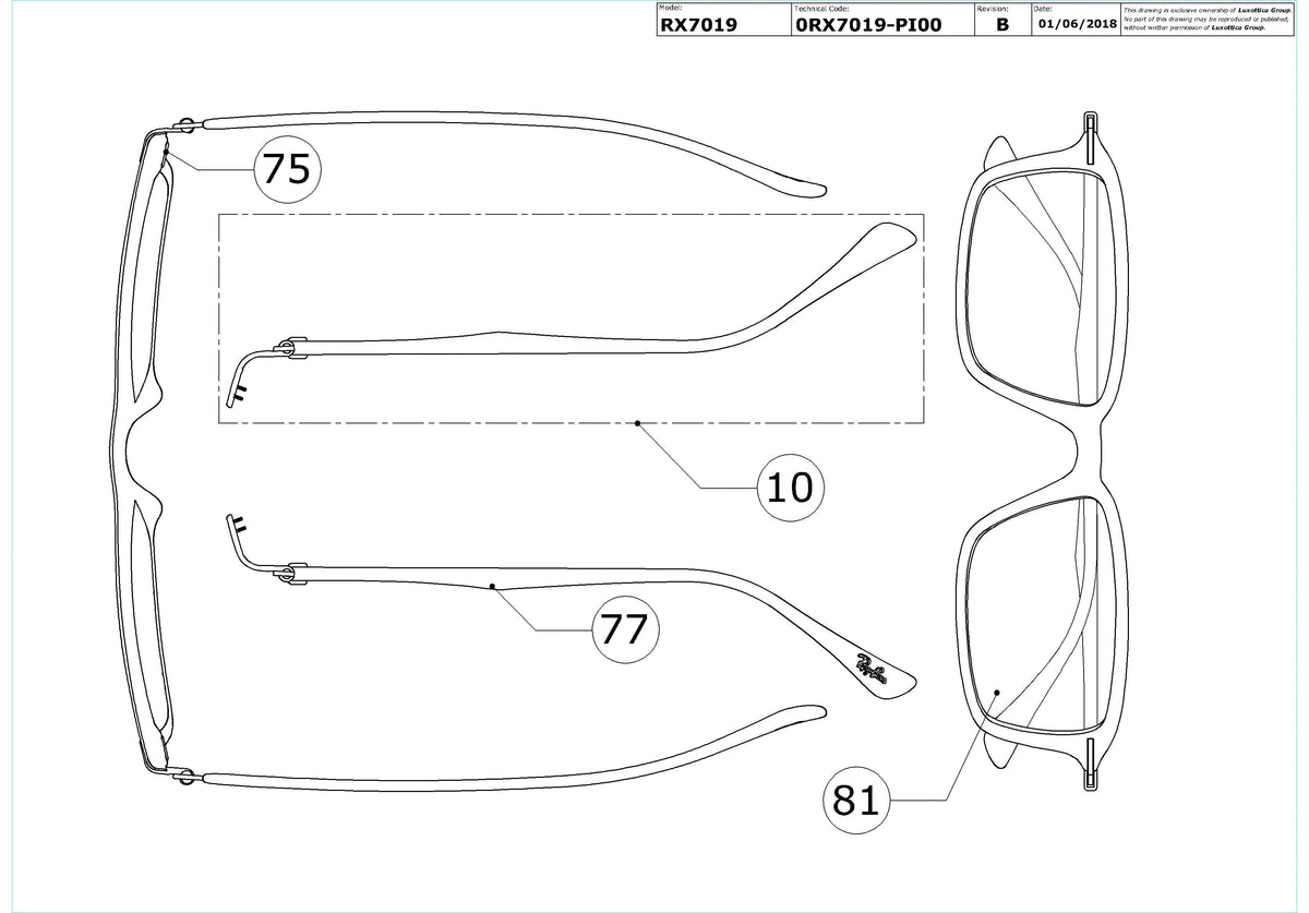 Exploded technical drawing of the Ray-Ban RX7019 Glasses Replacement Parts, with each replacement part numbered
