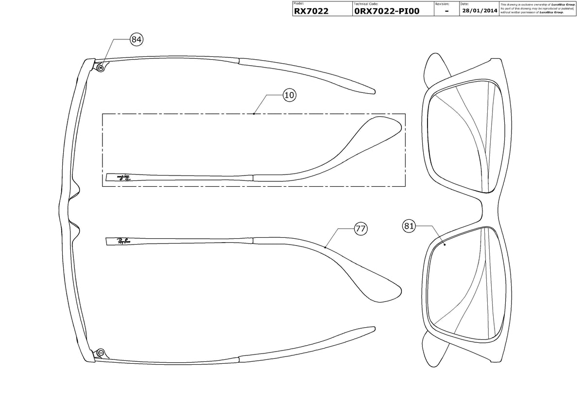 Exploded technical drawing of the Ray-Ban Shirley RX7022 Glasses Replacement Parts, with each replacement part numbered