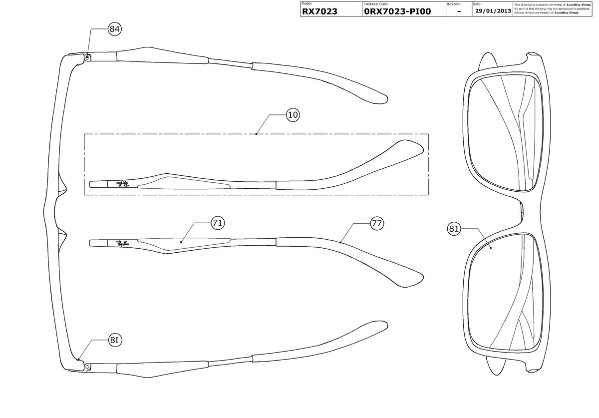 Enlarged technical drawing of the Ray-Ban RX7023 Glasses Replacement Parts