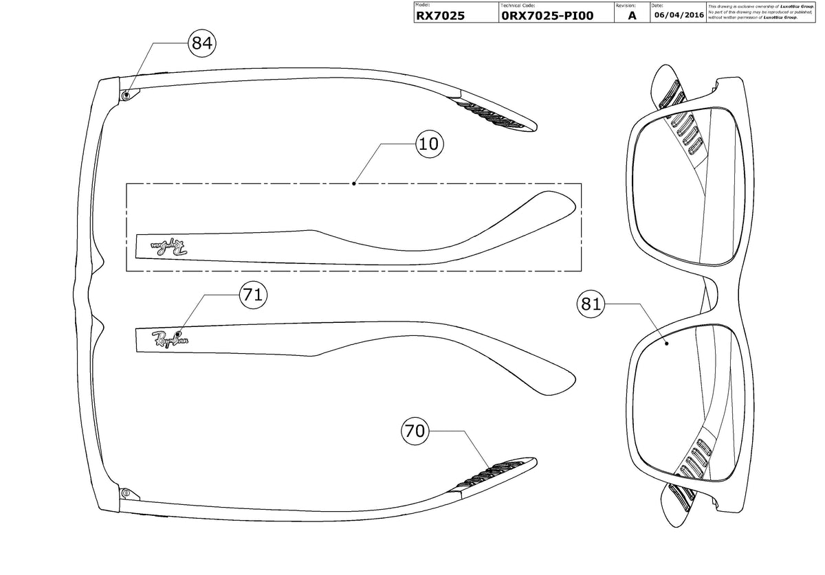 Enlarged technical drawing of the Ray-Ban RX7025 Glasses Replacement Parts