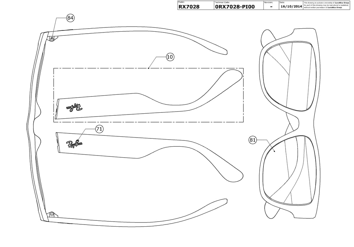 Enlarged technical drawing of the Ray-Ban RX7028 Glasses Replacement Parts