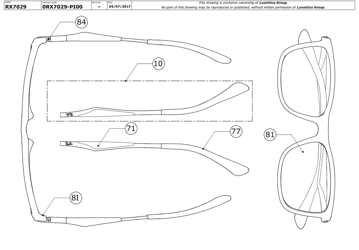 Enlarged technical drawing of the Ray-Ban RX7029 Glasses Replacement Parts