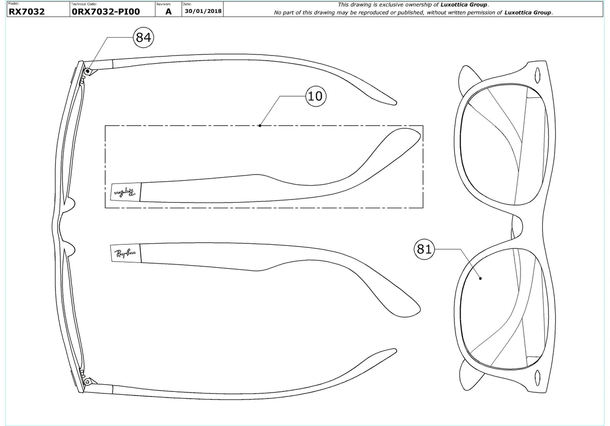 Enlarged technical drawing of the Ray-Ban RX7032 Glasses Replacement Parts