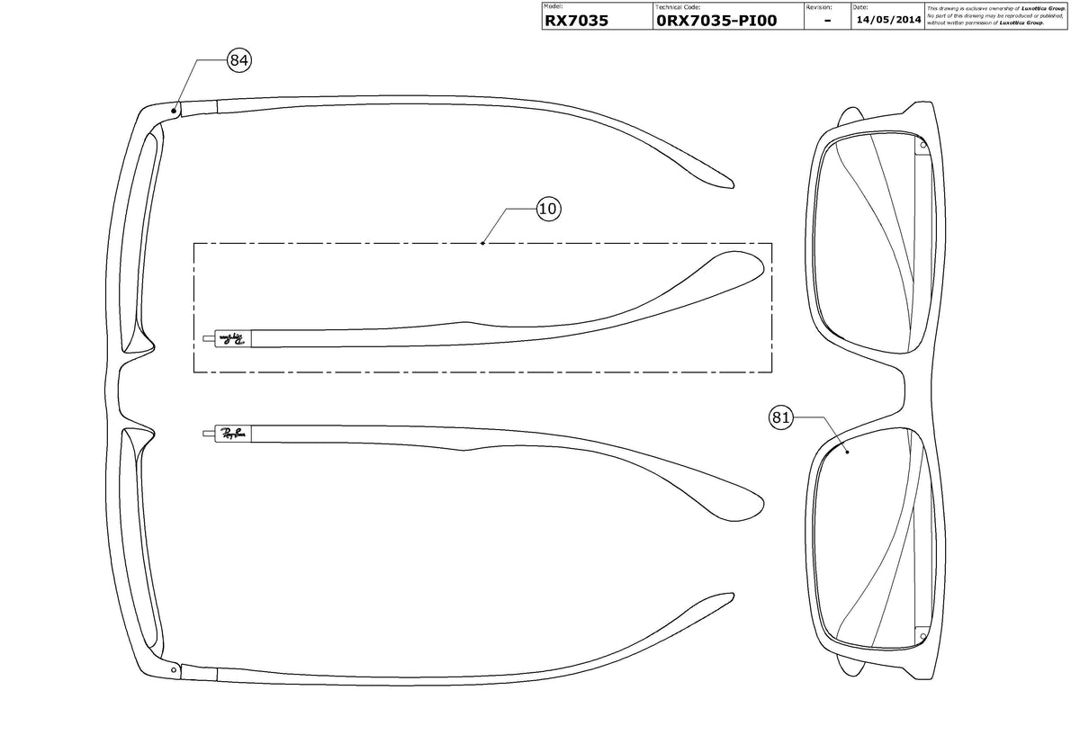 Enlarged technical drawing of the Ray-Ban RX7035 Glasses Replacement Parts