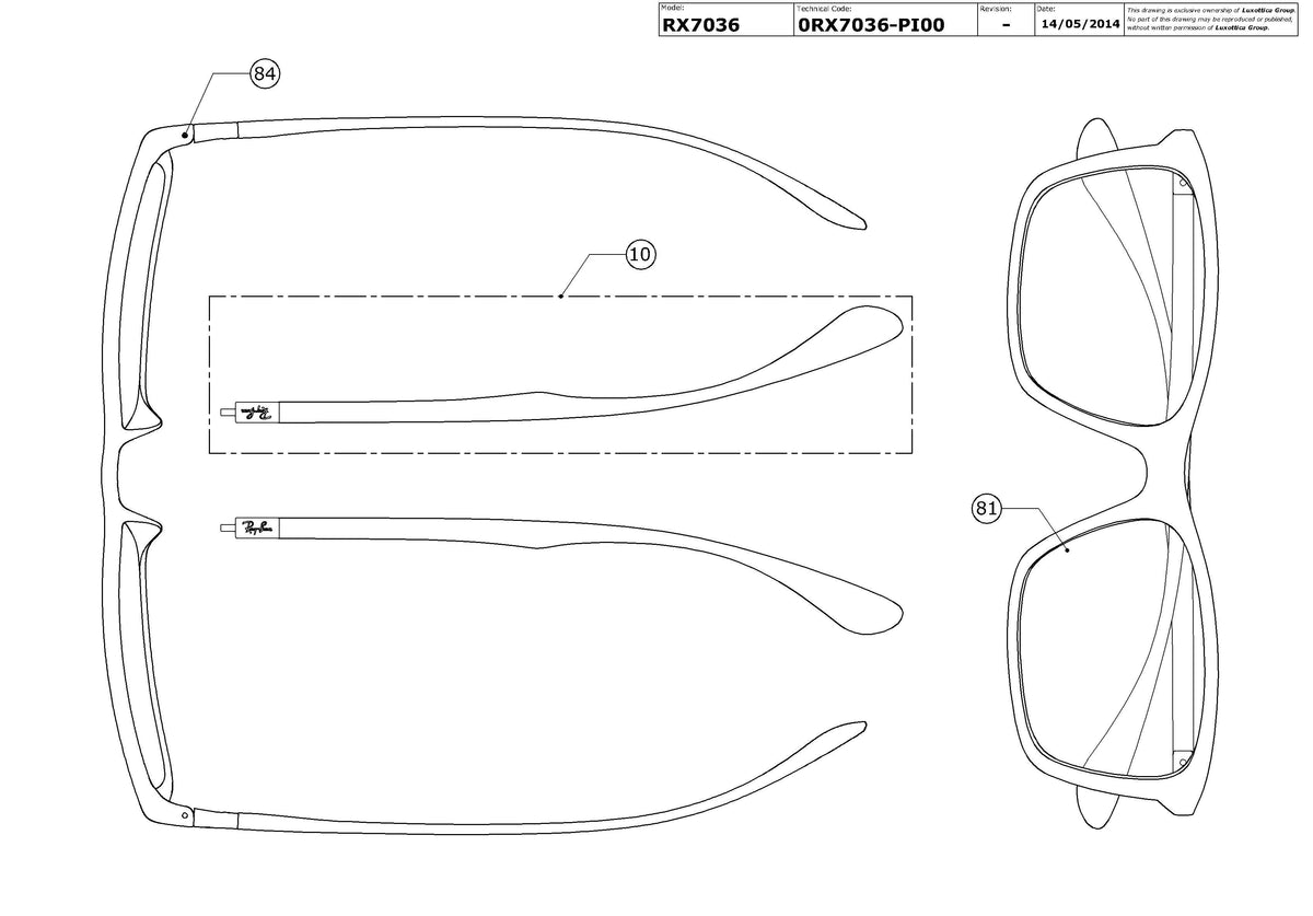 Exploded technical drawing of the Ray-Ban RX7036 Glasses Replacement Parts, with each replacement part numbered