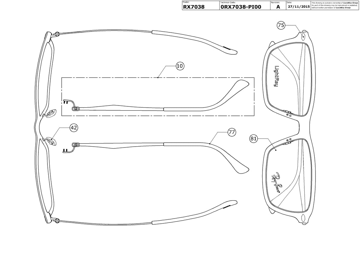 Exploded technical drawing of the Ray-Ban RX7038 Glasses Replacement Parts, with each replacement part numbered