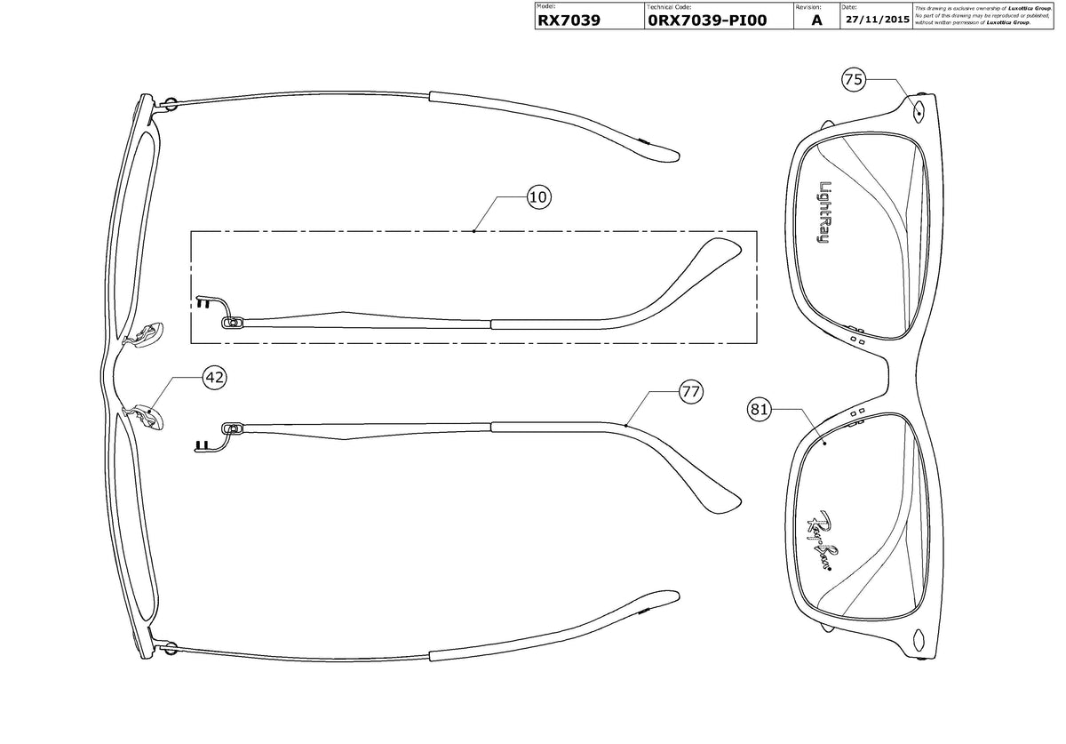 Exploded technical drawing of the Ray-Ban RX7039 Glasses Replacement Parts, with each replacement part numbered