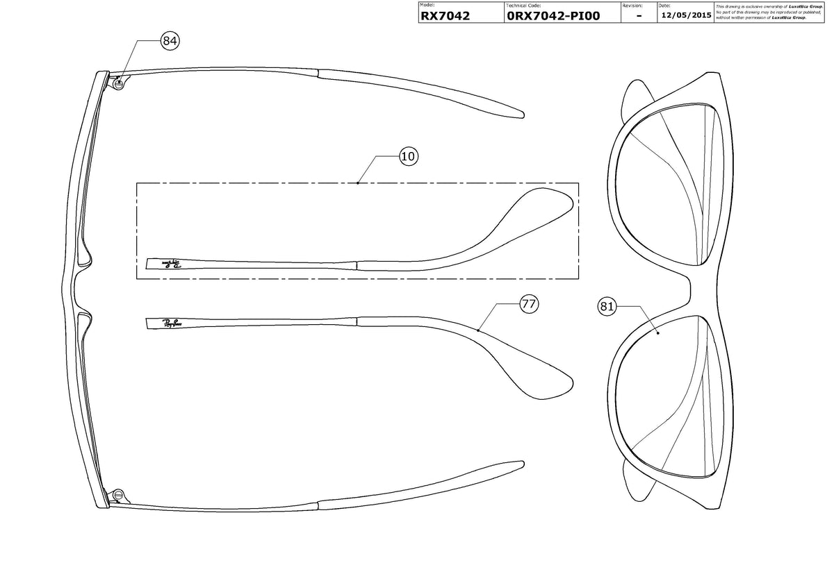 Exploded technical drawing of the Ray-Ban RX7042 Glasses Replacement Parts, with each replacement part numbered