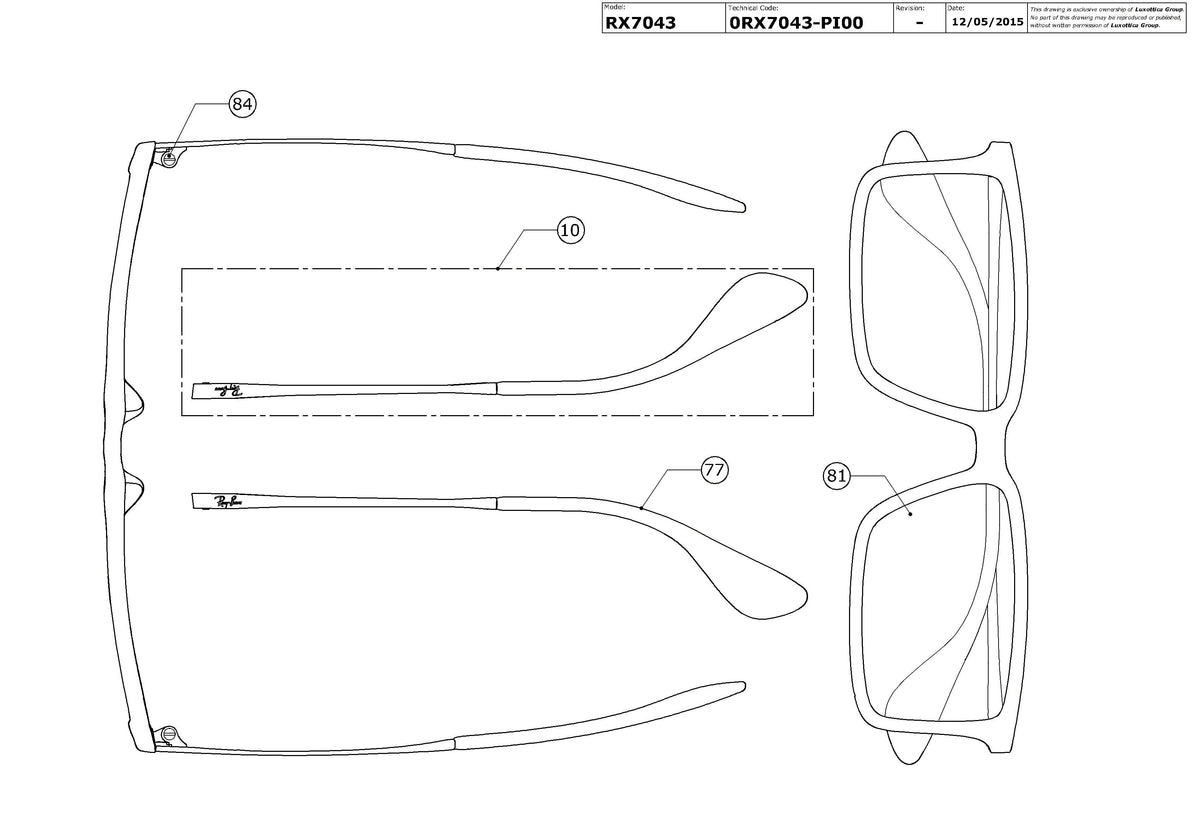 Exploded technical drawing of the Ray-Ban RX7043 Glasses Replacement Parts, with each replacement part numbered