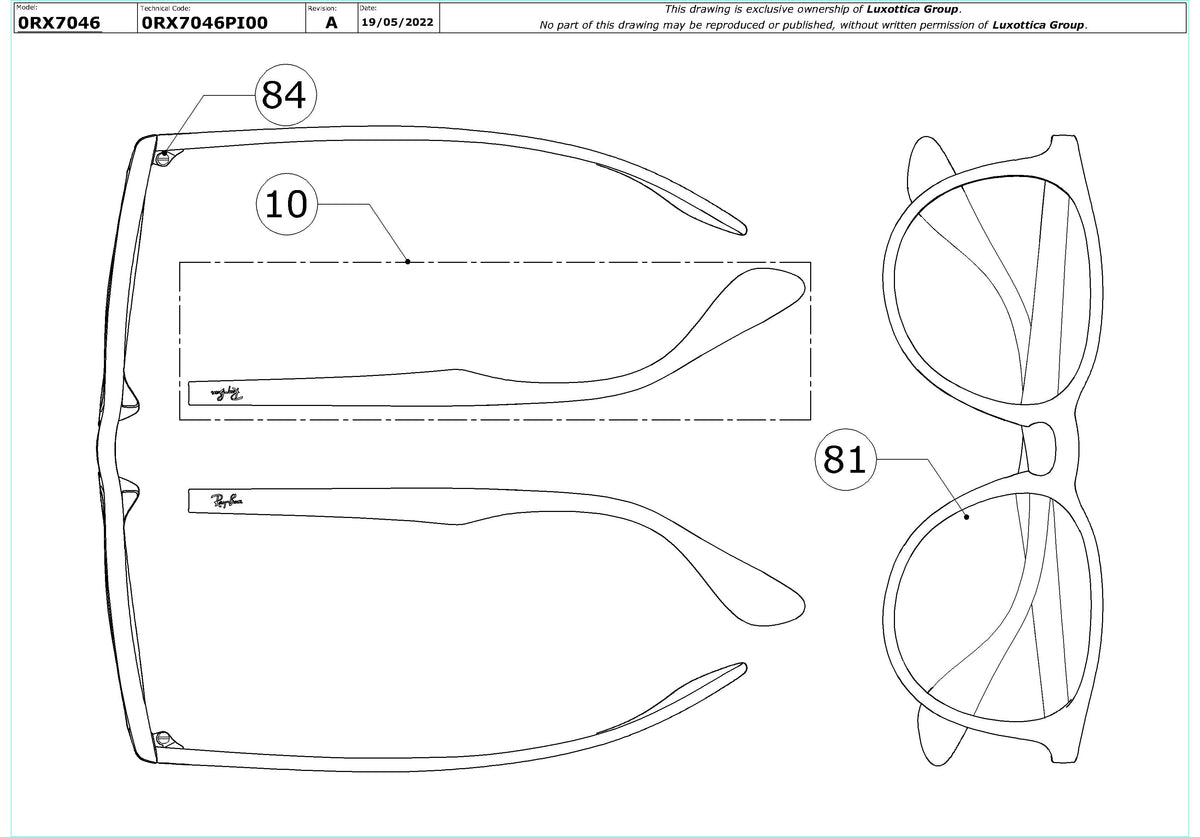 Enlarged technical drawing of the Ray-Ban Erika RX7046 Glasses Replacement Parts