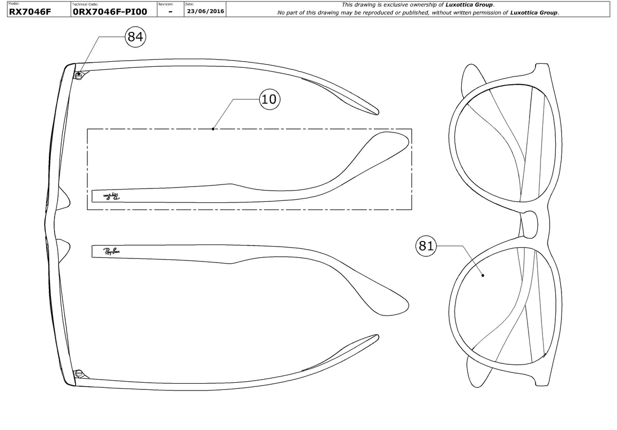 Exploded technical drawing of the Ray-Ban RX7046F Glasses Replacement Parts, with each replacement part numbered