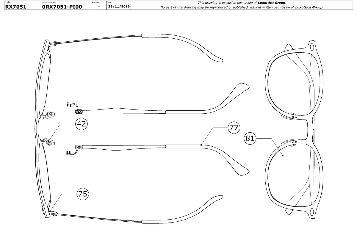 Enlarged technical drawing of the Ray-Ban RX7051 Glasses Replacement Parts